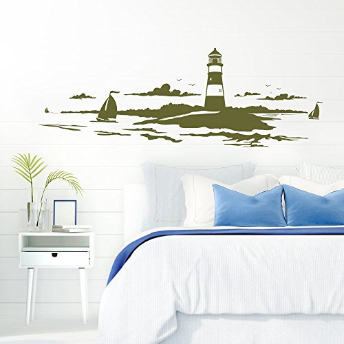 Grandora Skyline Küstenlandschaft Leuchtturm I olivgrün 167 x 58 cm I Bad Wohnzimmer Schlafzimmer Aufkleber Wandaufkleber Wandsticker Modern W974