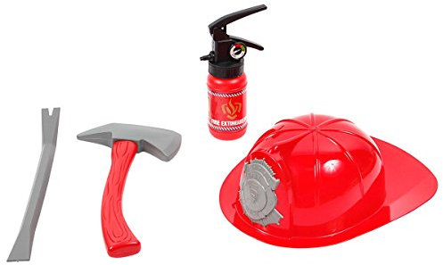 Alsino Lot de Jouet en Plastique Pompier 4 Accessoires, Casque Marteau Pied de biche Extincteur