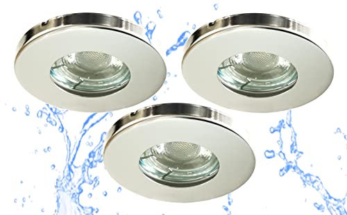Trango 3er Set 6729IP-038MCOBSD LED Einbaustrahler IP44 aus Edelstahl Chrom Rund inkl. 3x 5W - 3 Stufen dimmbar LED Modul 3000K warmweiß Ultra flach für Bad, Außen, Deckenstrahler, Einbauleuchte
