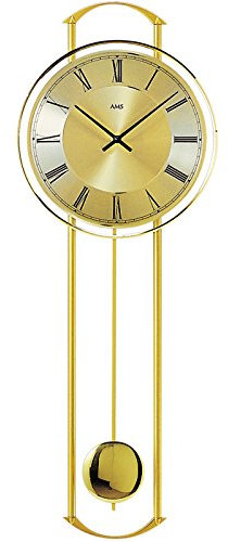 Pendeluhr AMS Wanduhr 7083 Quarz mit Pendel messinglackiertes Metallgehäuse