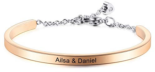 MeMeDIY Personalized Bracelet Engraving Name Identification ID Customized for Men Women Girls Water Resistant Stainless Steel Adjustable Cuff Bangle (4mm Width, Rose-Gold Color)