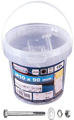 Connex Sechskantschrauben M10 x 90 mm - 10 Stück - Außensechskant-Antrieb - Verzinkt - Für sämtliche Konstruktionen - Inkl. Unterlegscheiben, Federringe & Muttern / Schrauben-Eimer / B30162, Silber