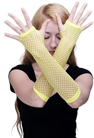 dressmeup Karneval Fasching Handschuhe Netzhandschuhe Fishnet Gloves Neon Gelb Punk Wave Goth 80er Girly Z071