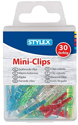 Stylex 24435 - Mini-Wäscheklammern, Clips aus Kunststoff, ca. 25 x 5 x 6 mm groß, 30 Stück farbig sortiert mit Metallfeder, zum Basteln und Dekorieren