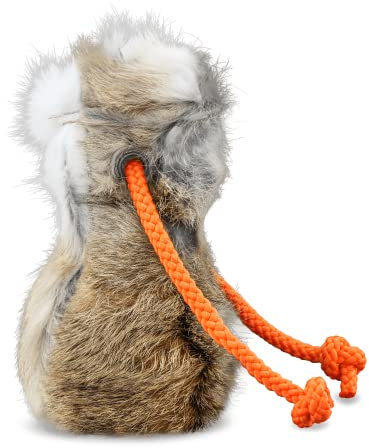 Dummyball mit Kaninchenfell | Mit echtem Kaninchen-Fell überzogen | Robustes Material mit langem Wurfseil | Apportiertraining von Wild-Dummies