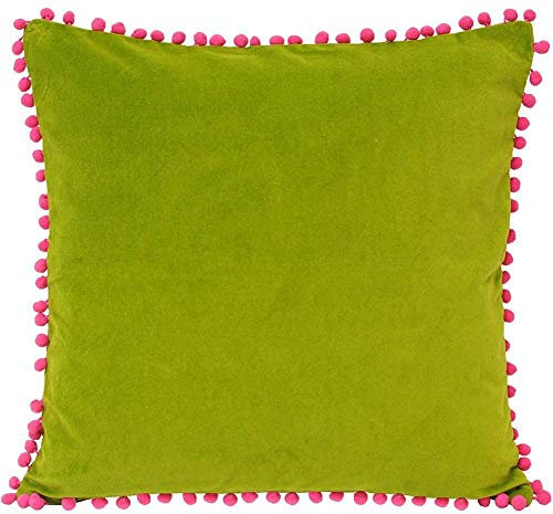 Riva Paoletti Velvet Pompom Cushion Cover - Green - Faux Velvet Fabric - Contrasting Fuchsia Pink Pompom Edges - Hidden Zip Closure - 100% Soft Cotton - 45 x 45cm (18 x 18 inches)