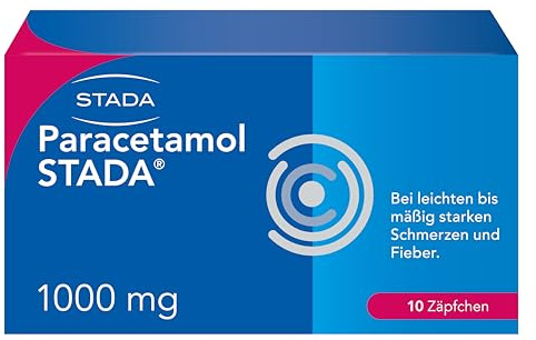 STADA Paracetamol 1000 mg Zäpfchen gegen Schmerzen und Fieber, 10 St | Wirkstoff Paracetamol 1000 mg, Rektale Anwendung, Apothekenpflichtig, 10 Stück, Ab 43 kg Körpergewicht