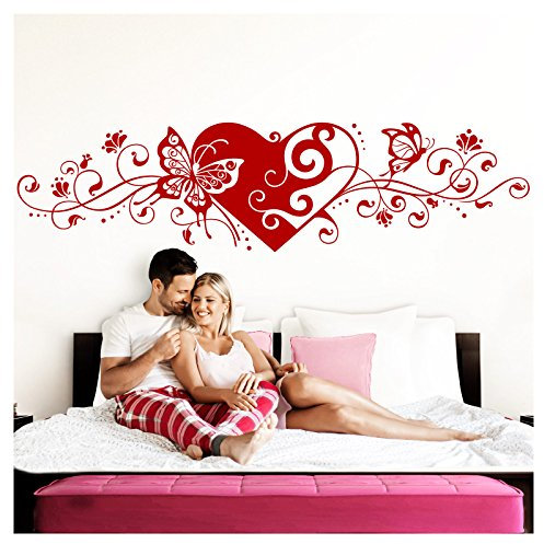 Grandora Wandtattoo Blumenranke Herz selbstklebend I rot 190 x 48 cm I Schlafzimmer Liebe Love Schmetterlinge Wandtatoo Wandaufkleber Wandsticker W642