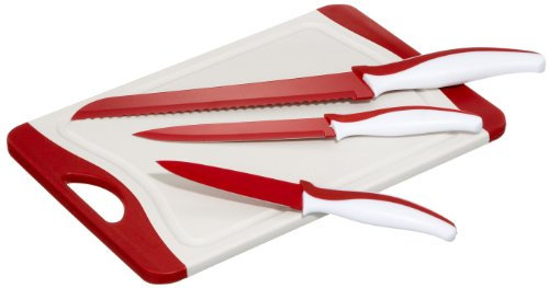 TV Das Original 6670 Maxx Cuisine antib. Schneidbrett/Messer Set 3-teilig Brot-/Allzweck-/Schälmesser, rot/Weiss