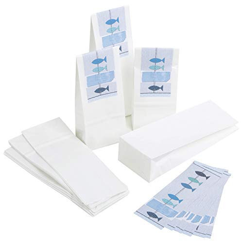 Logbuch-Verlag 10 kleine Gastgeschenk Tüten WEISS BLAU FISCHE maritim Tischkarten Süßigkeit Verpackung 7 x 20,5 x 4 cm Papiertüte foliert MIT AUFKLEBER Banderole