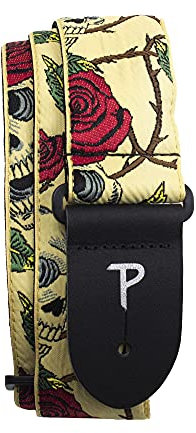 Perri's Leathers Ltd. - Tracolla per Chitarra - Nylon - Jacquard - Rose & Teschi - Beige - Regolabile - Per Chitarre Acustiche/Elettriche/Bassi - Fabbricata in Canada (TWS-7143)