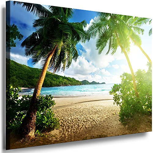 Julia-Art Leinwandbilder Landschaft Bild 40 x 30 x 2 cm - Wandbild 1 teilig - Wand Deko Modern Design Kunstdruck Palme Strand Meer HR42-1
