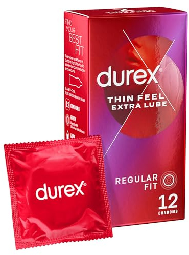 Durex Thin Feel Extra Lube, 12 Condoms, Regular Fit, Silicone Lubricated | Thinner for More Sensitivity, Pre Lubricated with Silicone Lube, Easy On, Teat Ended, Durex Condoms, Thin Feel