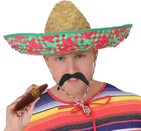 Sombrero mexicano de paja para hombre, incluye un bigote negro, accesorio ideal para disfraz o fiesta, color verde