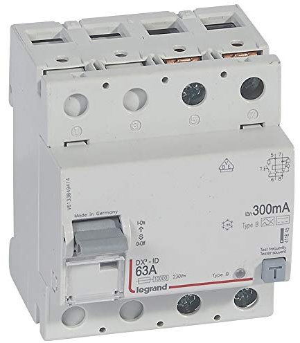 Legrand 411845 Interrupteur différentiel DX³-ID arrivée haute et départ bas à vis, 2P, 230V, 63A typeB, 300mA, 4 modules