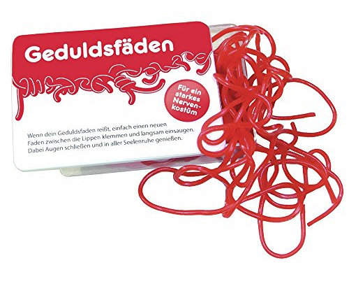 Spaßgeschenk | Geduldsfäden / Geduldsfaden | Fruchtgummi-Schnüre mit Erdbeer-Geschmack | in praktischer Schiebe-Box.