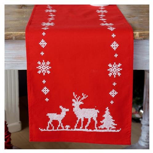 VERVACO Stickpackung Kreuzstich Set Vorgedruckt Tischläufer Weihnachtlich mit Rehen Stickdecken Vorgezeichnet DIY Basteln Kreativ Stickläufer zum Selbersticken 30 x 105 cm Stickset