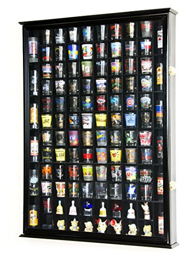 108 Shot Glass Shotglass Shooter Display Case Holder Cabinet Wall Rack 98% UV Lockable Door -Black