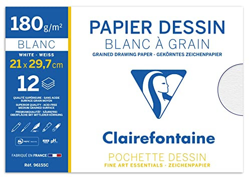 Clairefontaine 96155C Mappe Zeichenpapier (180 g, 21 x 29,7 cm, 12 Bögen, ideal für Kunstunterricht, geleimt) weiß