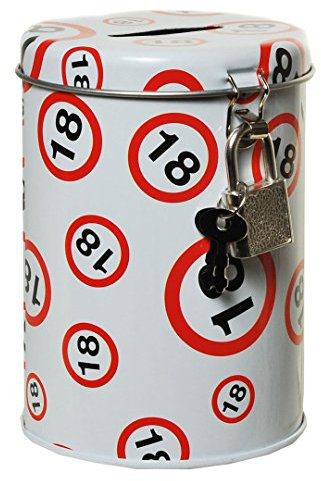 Spardose Metall Dose rund mit Schloss weiss mit Verkehrsschild Zahl 18 7,5x10,5c
