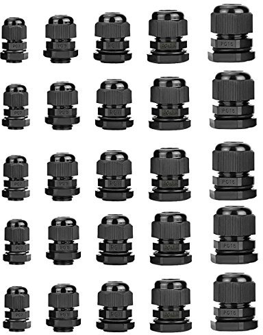 Agile-Shop 25 Pcs Plastic Waterproof Adjustable 3.5 - 13mm Cable Glands Joints, PG7, PG9, PG11, PG13.5, PG16