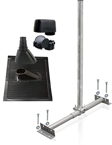 SkyRevolt Dachsparrenhalter Satellitenschüssel Montage Set Sparrenhalter 60mm Mast SAT Alu-Ziegel schwarz Mastkappe