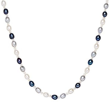 Valero Pearls Damen Perlenkette mit rund/potato Süßwasser-Zuchtperlen 3-6 mm weiß hellgrau blau 925/- Sterling Silber - Perlenhalskette multicolor