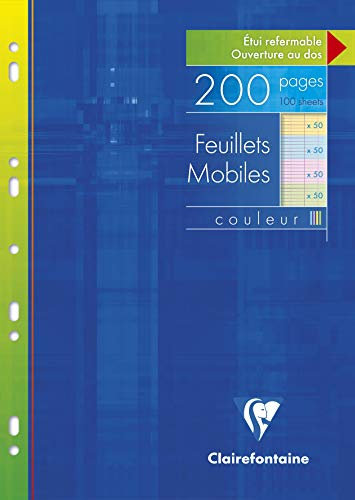 Clairefontaine 17511C Un Étui Feuillets Mobiles Perforés 4 Couleurs - A4 21x29,7 cm - 200 Pages Grands Carreaux - Papier Blanc 90 g - Couleurs Assorties (50 Pages Jaunes, Bleues, Roses et Vertes)