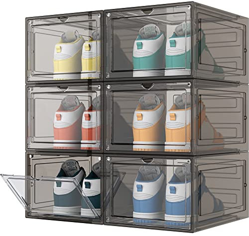 HOMIDEC 6 pcs Shoe Boxes, Shoe Storage Box Clear Plastic Stackable, Shoe Organizer Containers with Lids for Women/Men 34.5 x 27 x 19 cm10 Sections Hanging Shoe Pair Storage