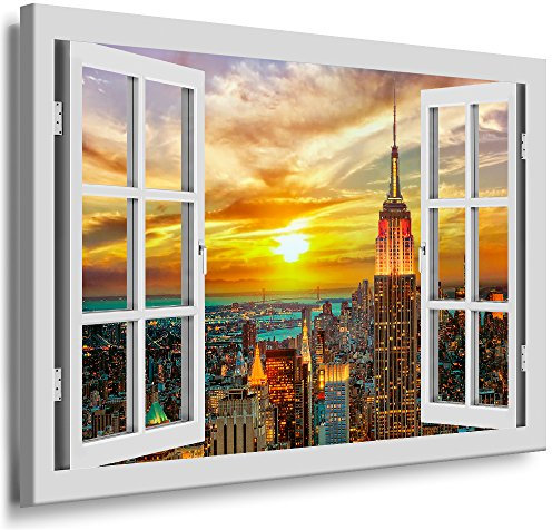 Quadro su Tela – Finestra Vista New York Tramonto – Foto leinwand24/aa0317, Legno, Bianco, 150 x 100 cm