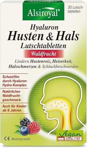 Alsiroyal Hyaluron Husten & Hals Lutschtabletten (30 Stk.) – Mit Hyaluron-Hydro-Komplex, Brauseeffekt für intensive Pflege, für wohltuende Befeuchtung von Hals & Rachen– Waldfruchtgeschmack