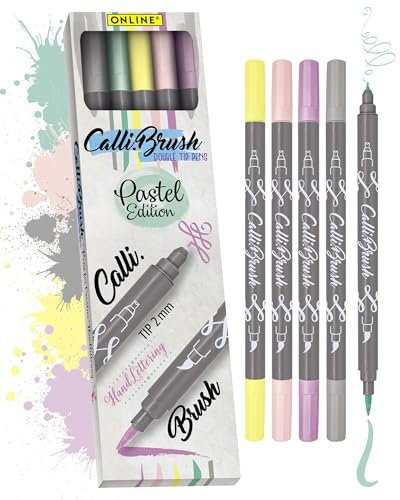 ONLINE Brush-Pen Set Calli.Brush Pastel I 5 Double-Tip Pinselstifte mit Kalligrafie-Spitze & Pinselspitze I Ungiftige Handlettering Stifte als Kalligraphie Set für Bullet Journals, Aquarell, Mandalas