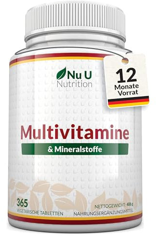 Multivitamin & Mineralstoffe A-Z - 365 Vegetarische Tabletten - 1 Jahresvorrat - 25 Vitamine und Mineralstoffe pro Tablette Hochdosiert - Hergestellt en Europa - Nu U Nutrition
