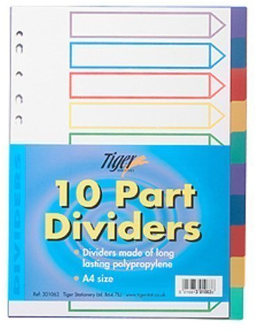 Tiger A4 multicoloured polypropylene 10 part dividers for filing x 1 set