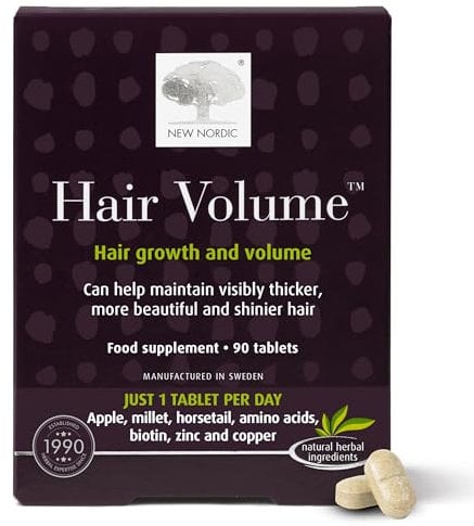 New Nordic Hair Volume 90 Tablets - Clinically Proven Hair Growth Vitamins - Biotin, Zinc & Apple - Visibly Thicker & Shiny Hair - for Women & Men