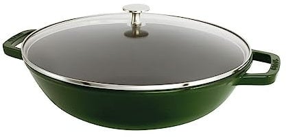STAUB Wok aus Gusseisen, Innen emailliert, 30 cm, inkl. Glasdeckel, für alle Herdarten inkl. Induktion, Basilikumgrün