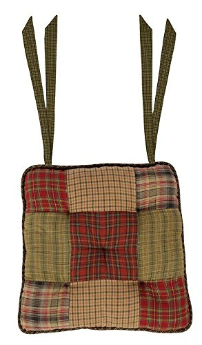 VHC Brands Tea Cabin Chair Pad Patchwork Log Cabin Country Rustic Lodge Design, Moss Green and Deep Red