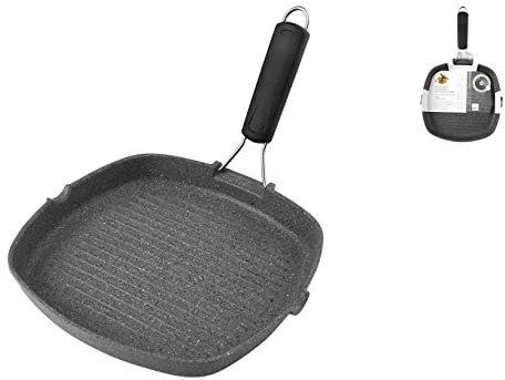H&H Bistecchiera Stone Manico Silicone Induzione Quadrato 28 Pentole Cucina, Alluminio, Antracite, 28 cm