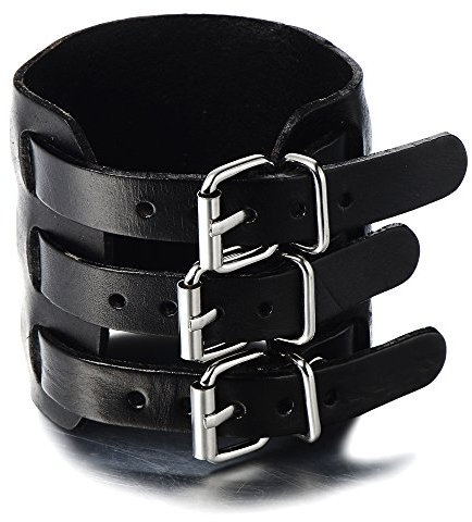 COOLSTEELANDBEYOND Große und Breites Lederarmband für Herren Punk Rock Armreif Schwarz Echtes Leder mit Drei Schnallen