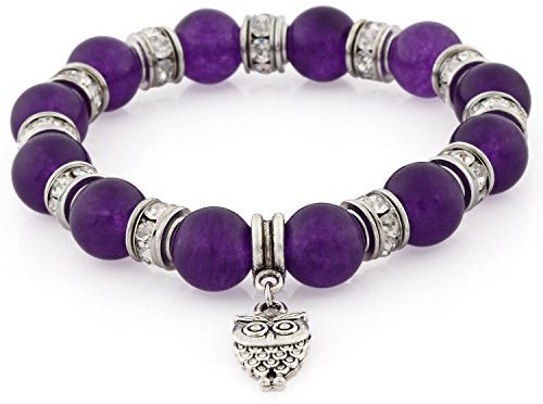 Morella Damen Armband Steinperlen mit Anhänger Eule und Zirkoniasteinen elastisch lila