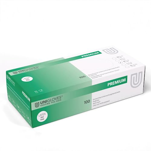 UNIGLOVES - Premium® Vinyl Handschuhe | Medizinische Handschuhe | Latexfrei, puderfrei & lebensmittelecht | Für medizinische Bereiche | 100 Stück | S