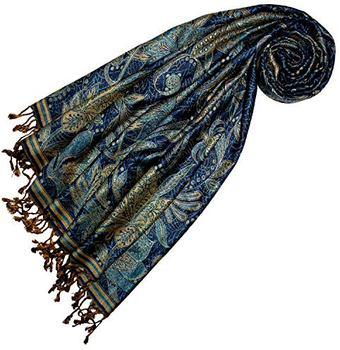 Lorenzo Cana Markenpashmina - blau schwarzer Schal, Schaltuch Stola Umschlagtuch Naturfaser opulentes Muster in harmonischen Farben mit Fransen 70 x 200 cm 78439