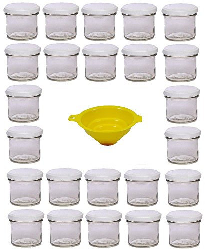 Viva Haushaltswaren Lot de 24 Petits Pots à Confiture/épices/sel/Huile avec Couvercle Blanc 125 ML + Entonnoir Jaune