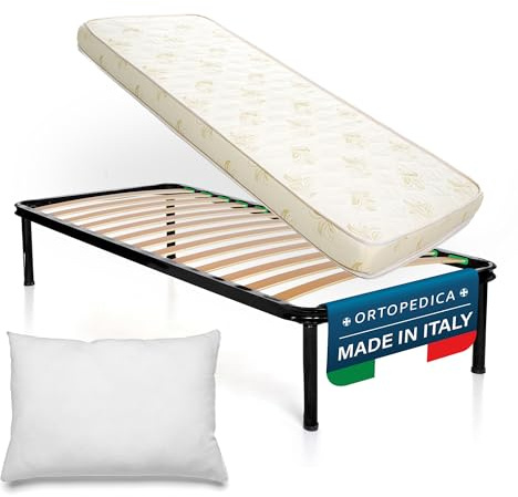 DOLCI SOGNI - Set Letto Singolo 80x190 con Rete a Doghe in Legno, Materasso Alto 14 cm e Cuscino Incluso, Struttura Letto Completa, 100% Qualità Italiana