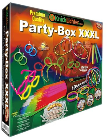 Knicklichter Party Box XXXL | 282 Teile | Arm Knicklichter | Kappen | Brillen | Ohren | Dicke Knicklichter | Bälle | Blumen | Spezialverbinder