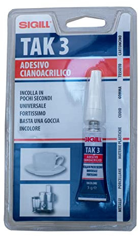 SIGILL, Tak 3, Adesivo Cianoacrilico, Indurisce Incollando in Pochi Secondi su Tutti i Materiali non Porosi, Universale, Basta una Sola Goccia, Tubetto da 3 g