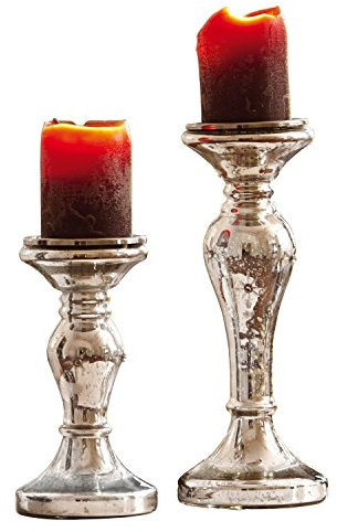 Loberon Kerzenständer 2er Set Pauline, Zwei Größen, mundgeblasen, mit Sternenschliff, echtes Bauernsilber, für Stumpenkerzen, Kerzenhalter, Kerzenleuchter, Glas, antiksilber