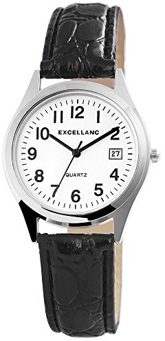 Excellanc Damen Damen-Uhr Kunstleder Armband Dornschließe Datum Analog Quarz 2900217 (schwarz silberfarbig weiß)