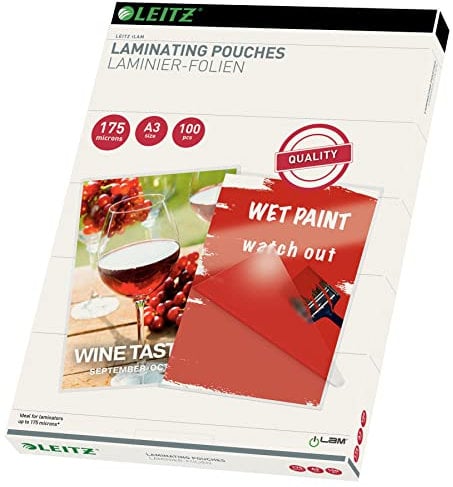 Leitz Heißlaminierfolien A3 175 mic, Hochwertige Laminierfolien im 100er Pack, mit abgerundeten Ecken, transparent, glänzend, ideal für Plakate und Zeichnungen, 16932
