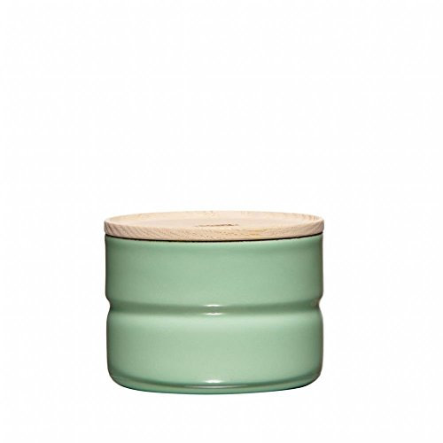 Riess, 2171-202,Vorratsdose mit Eschenholzdeckel, Durchmesser 8 cm, Höhe 6 cm, Inhalt 230 ml, SLOW GREEN, KITCHEN-MANAGEMENT, Truehomeware, Emaille